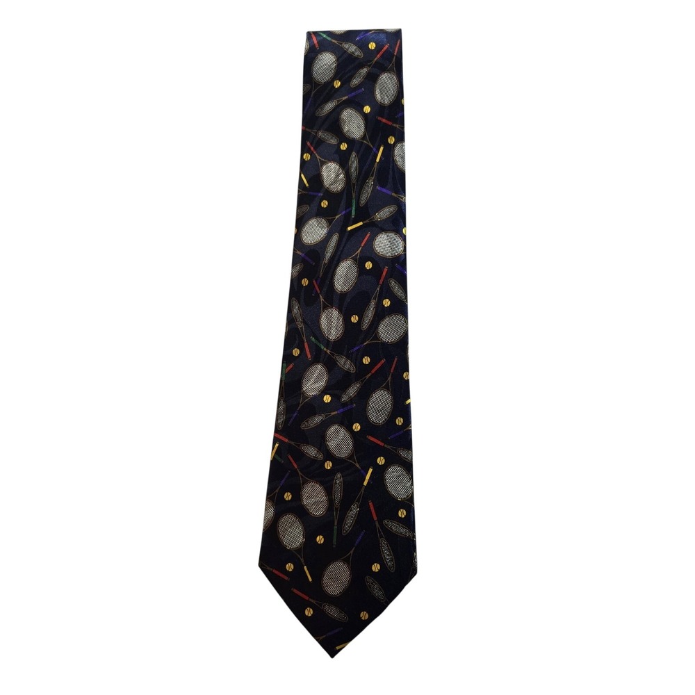 Fratello Handmade Navy Blue Tennis Racquet Ball Pattern Silk Neck Tie